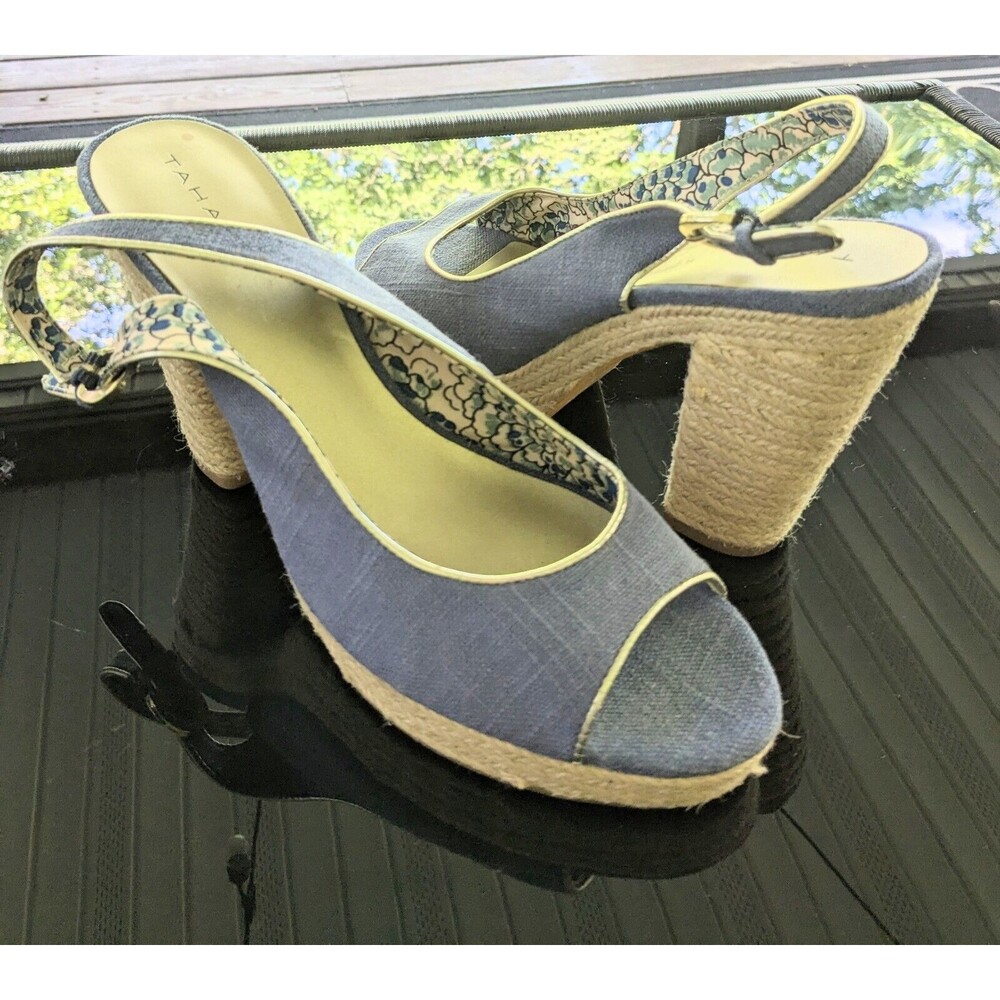 Tahari BARB Sandal Womens sz 9.5 Blue Canvas Slingback Platform Pump Heel Shoe